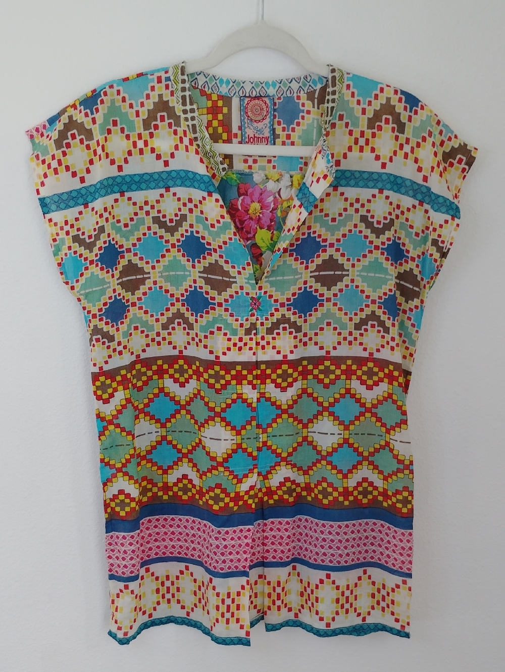 Johnny Was Womens Mixed Print Floral Geometric Cotton Cap Sleeve Top Sz S Boho